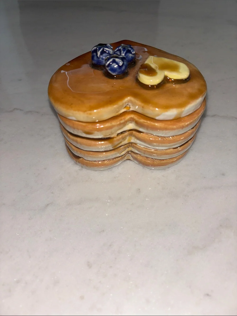 Ceramic Heart Stack Pancake Trinket Box - Syrup , Butter & Blueberry Accent RARE